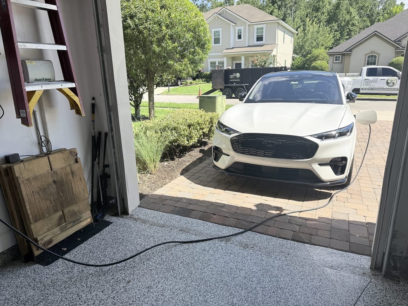 Ford Mustang Mach-E charging from a Ford Connected Charge Station installed by Pure Power Electrical in Durbin Crossing, St. Johns, FL